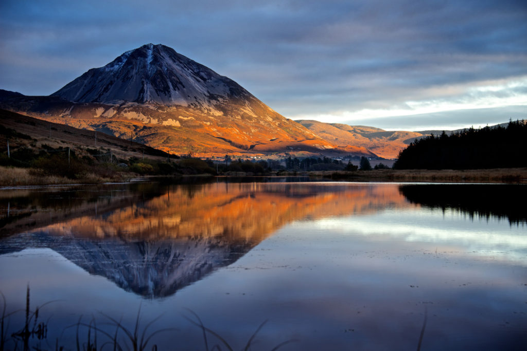 Errigal at sunset with reflection showing in lake