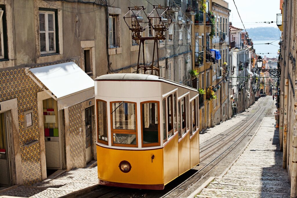Yellow funicular in Lisbon. Portugal.