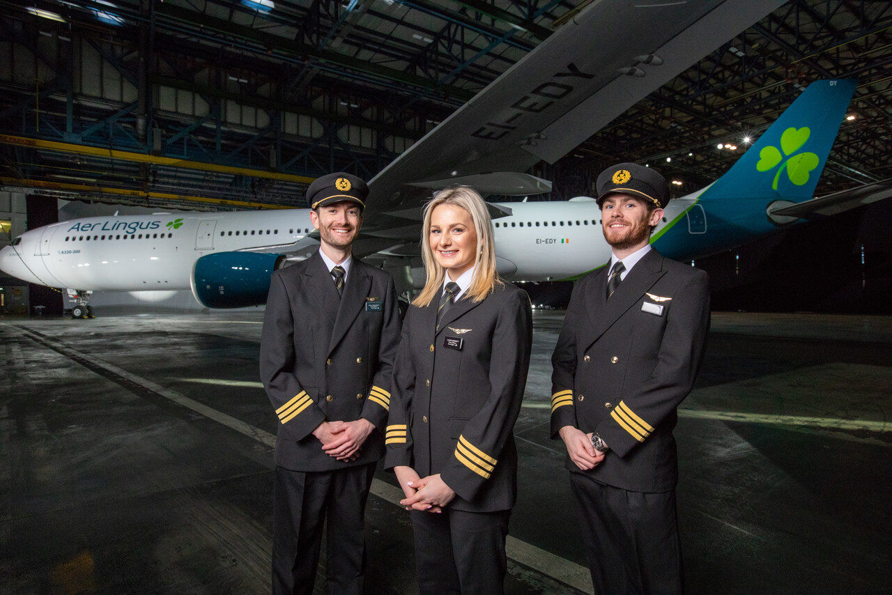 Pictured at the Aer Lingus brand reveal in front of an Airbus A330 freshly painted in the new aircraft livery are from left First Officer Niall McCauley;First Officer Laura Bennett; First Officer Paul Deegan