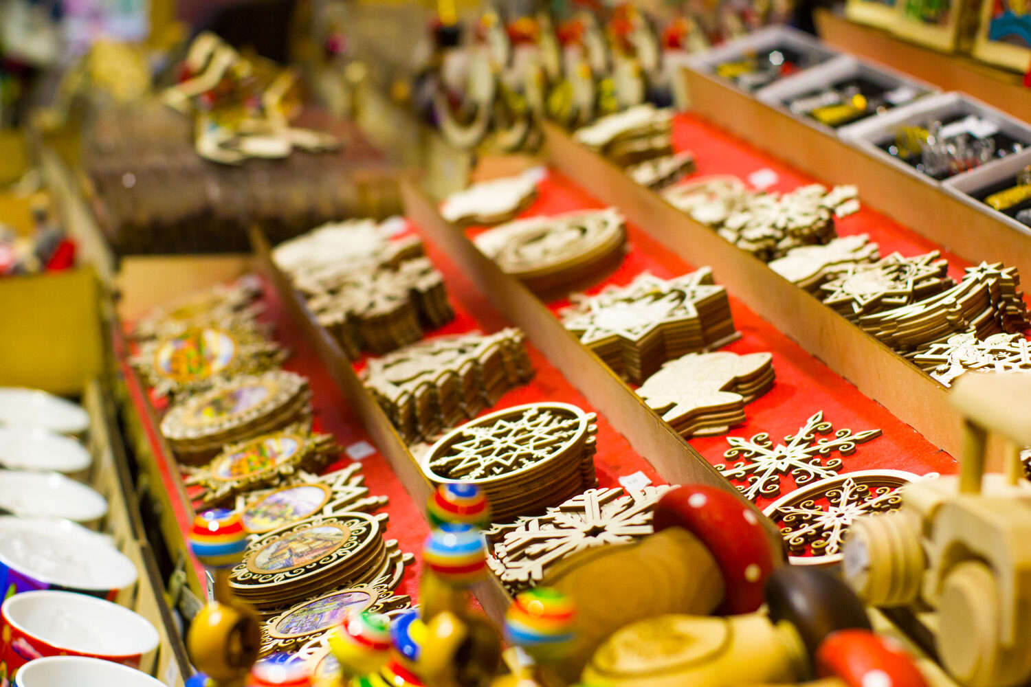 Wooden crafts at the traditional christmas market in the center of Prague, Czech Republic, Europe.