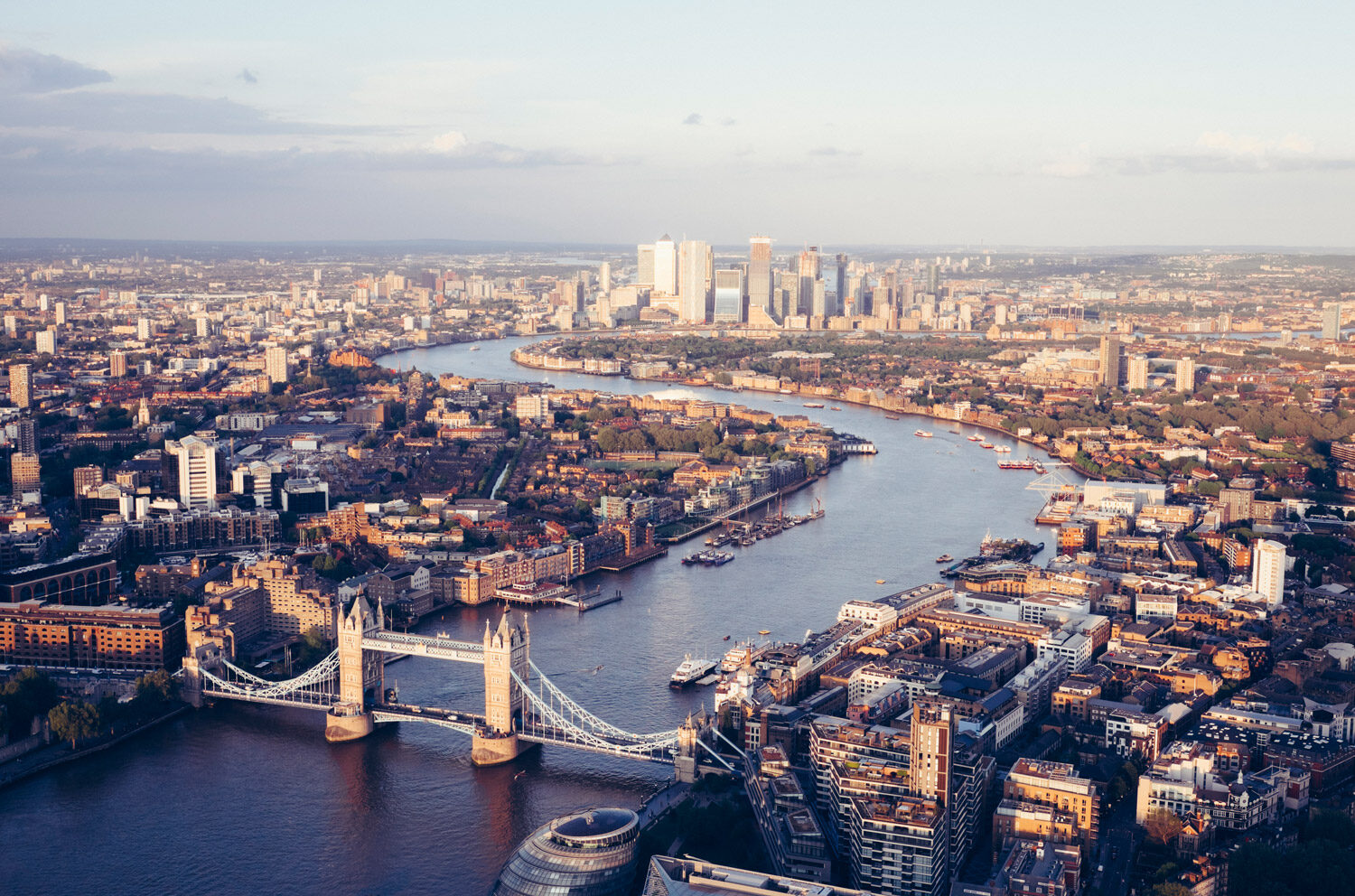 Elevated view over London city skyline at sunset