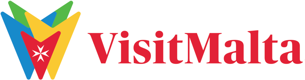 Visit Malta logo in red, with a structural device comprising arrows of red, yellow, blue and green