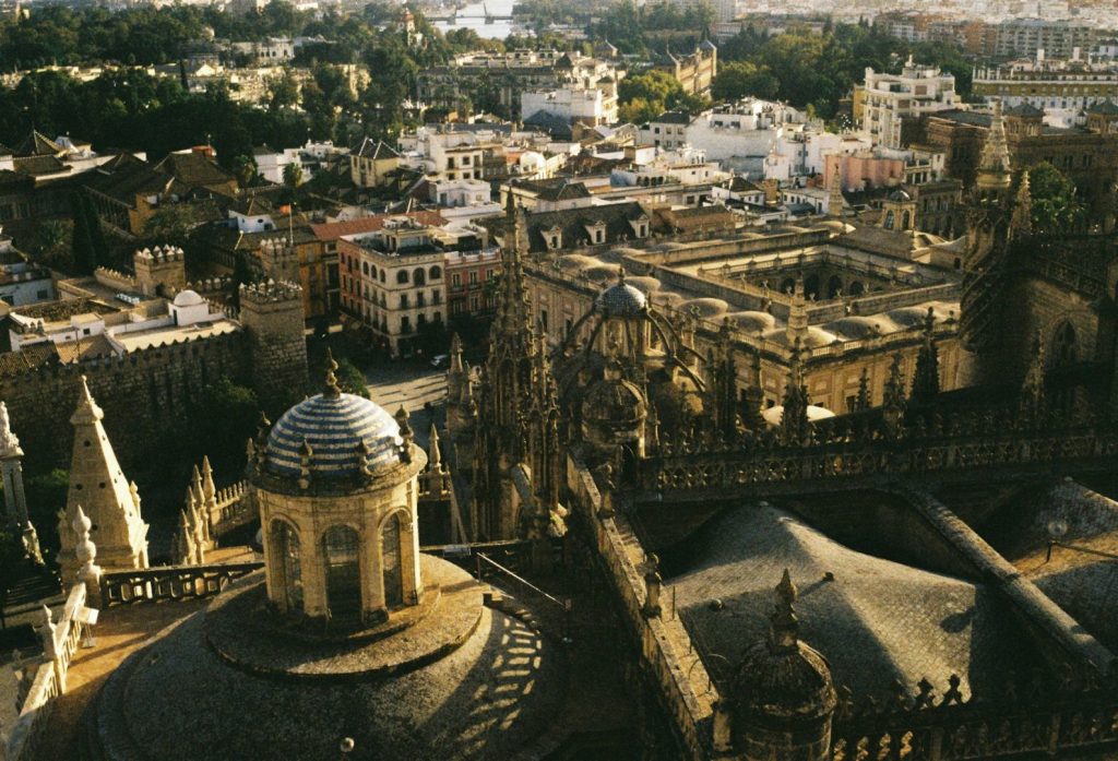 Aerial views of historic architecture and cityscape