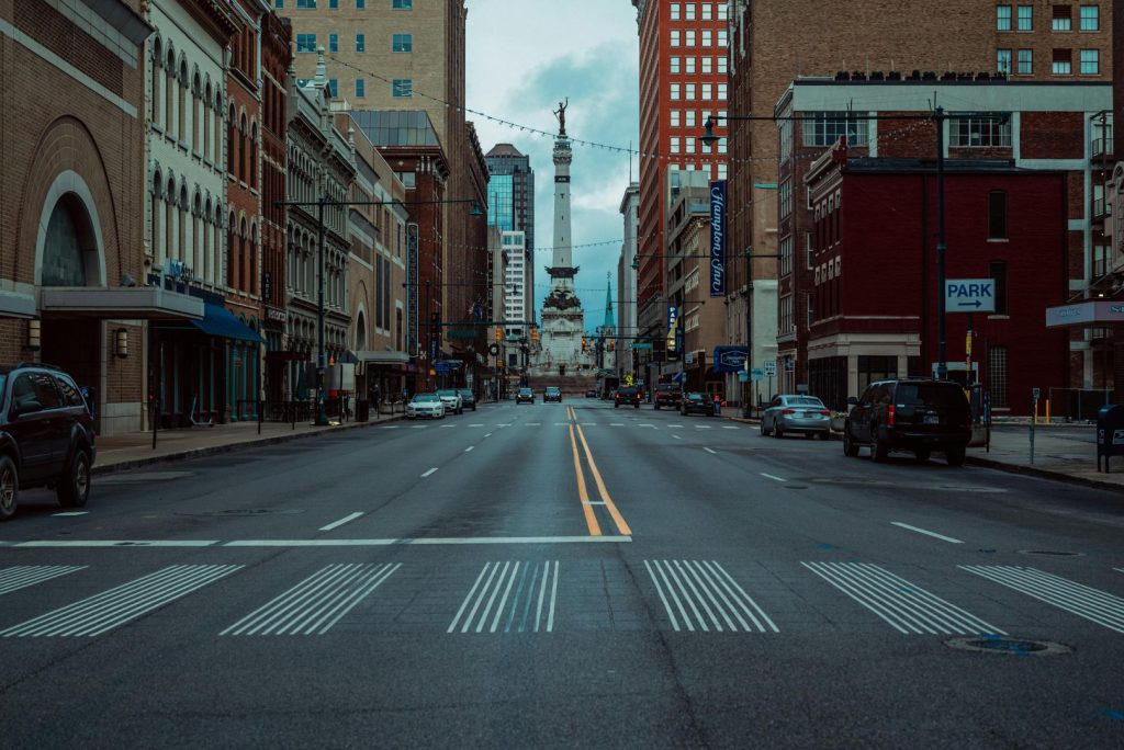 A shot of a downtown Indianapolis junction bordered by tall buildings