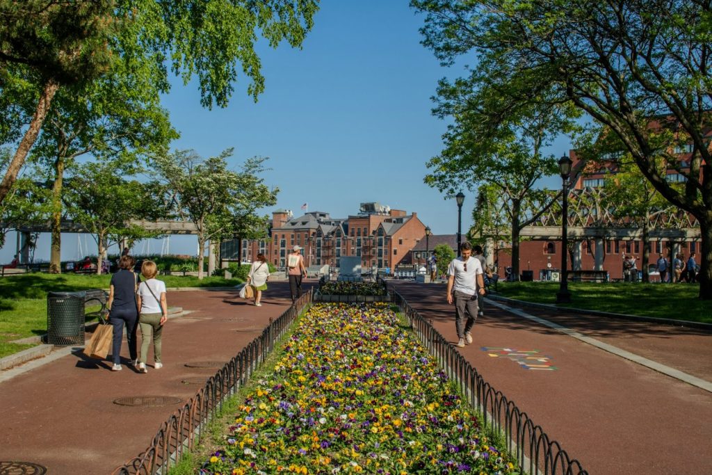 A city square with trees, flowers, and blue sky. People walking on the left hand side.