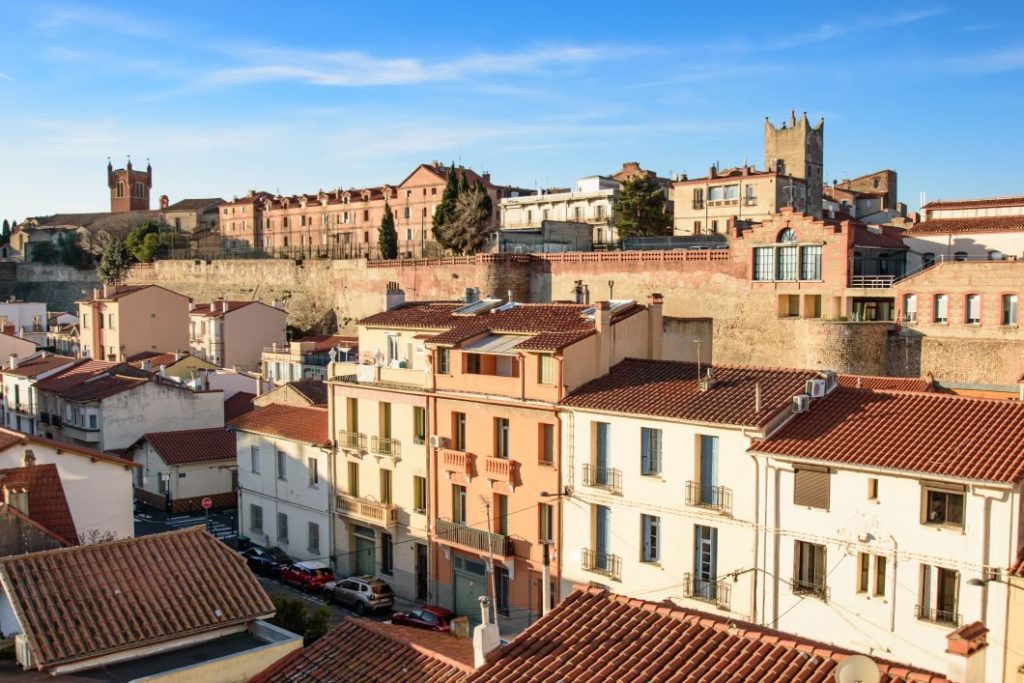 A view of Perpignan buildings, blue sky in background
