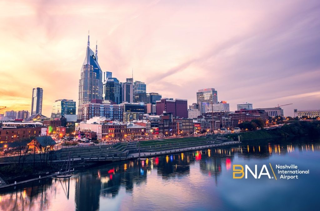 Nashville skyline with pinkish blue clouds