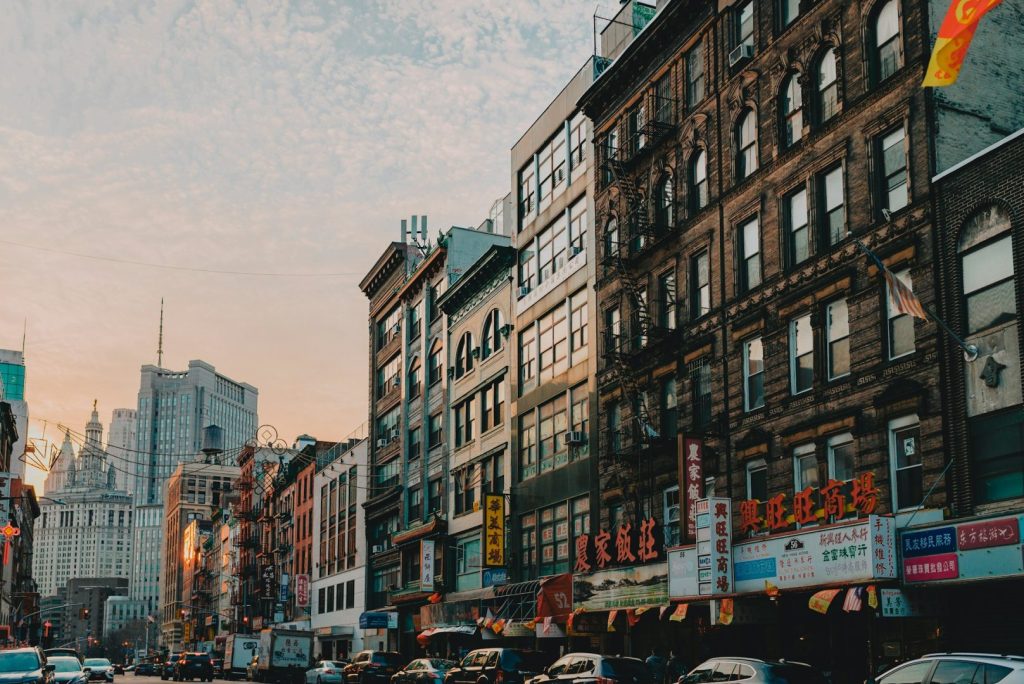 A street in Chinatown with evening sunshine