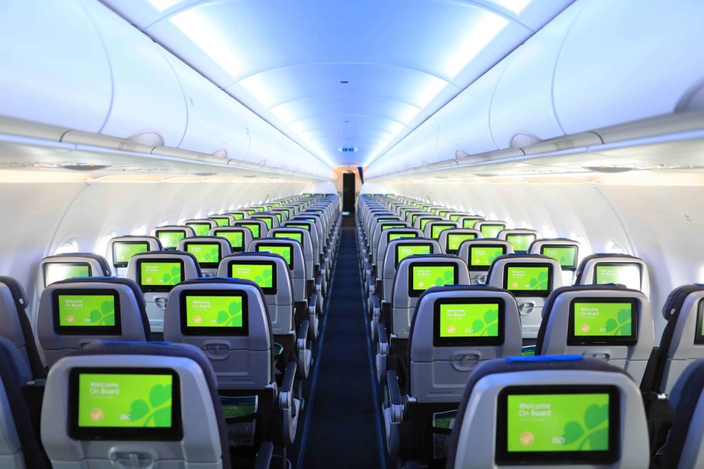 a321 Neo Economy cabin, with in-flight entertainment screens