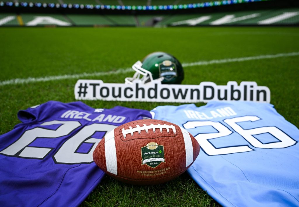 Aer Lingus College Football Classic 2026 jerseys with a football and a #TouchdownDublin sign
