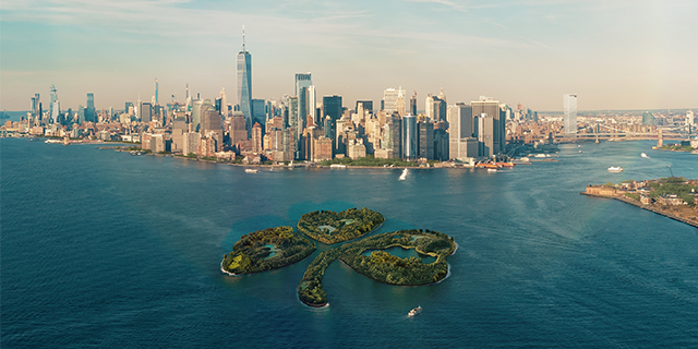 Manhattan skyline with fictional shamrock island in Upper New York Bay