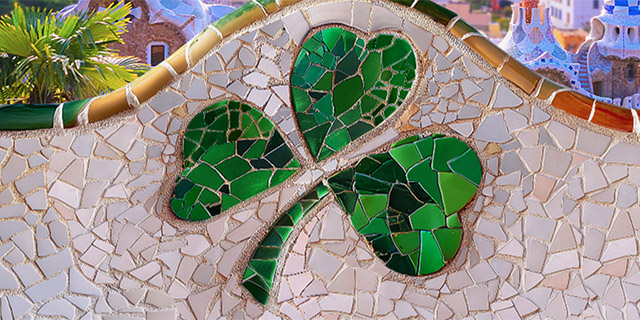 AerLingus shamrock in mosaic at Park Guell in Barcelona, Spain