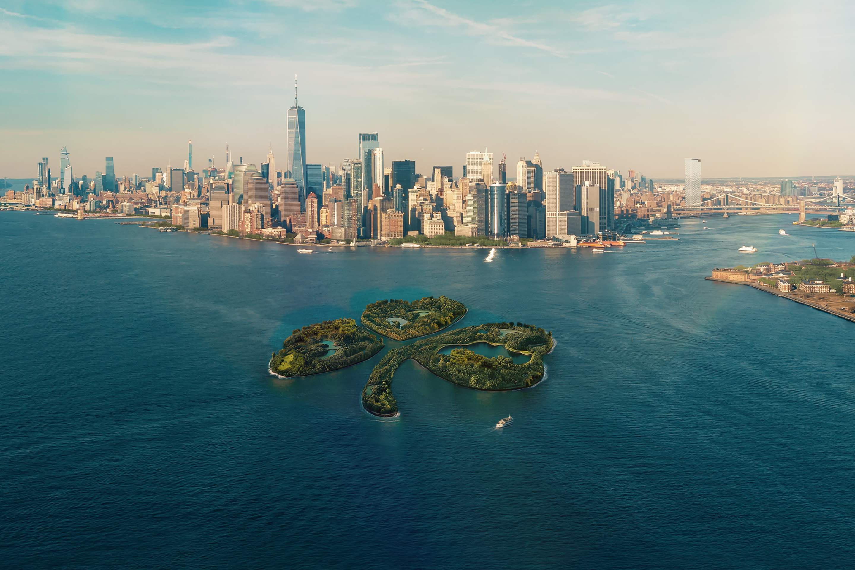 Manhattan skyline with fictional shamrock island in Upper New York Bay