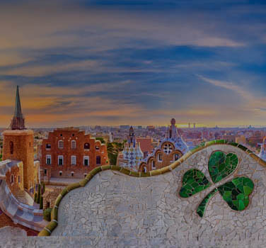 Fictional shamrock appearing in the mosaic wall at Parc Guell Barcelona
