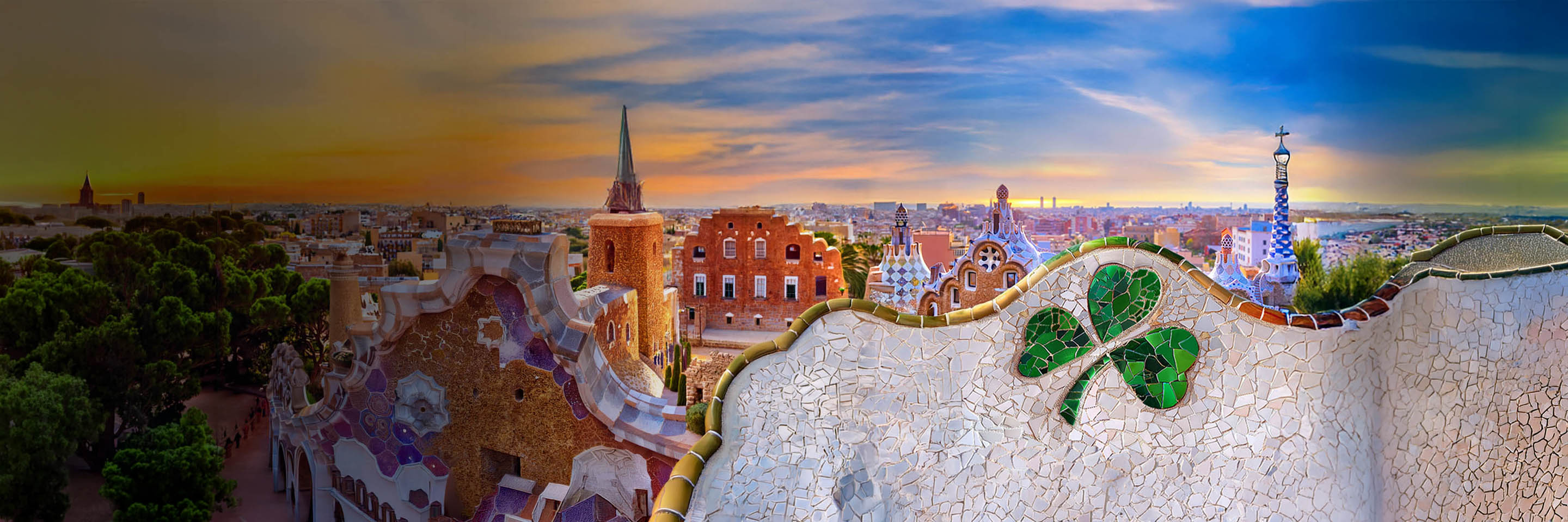 Park Guell in Barcelona, Spain with Aer Lingus Shamrock in a mosaic