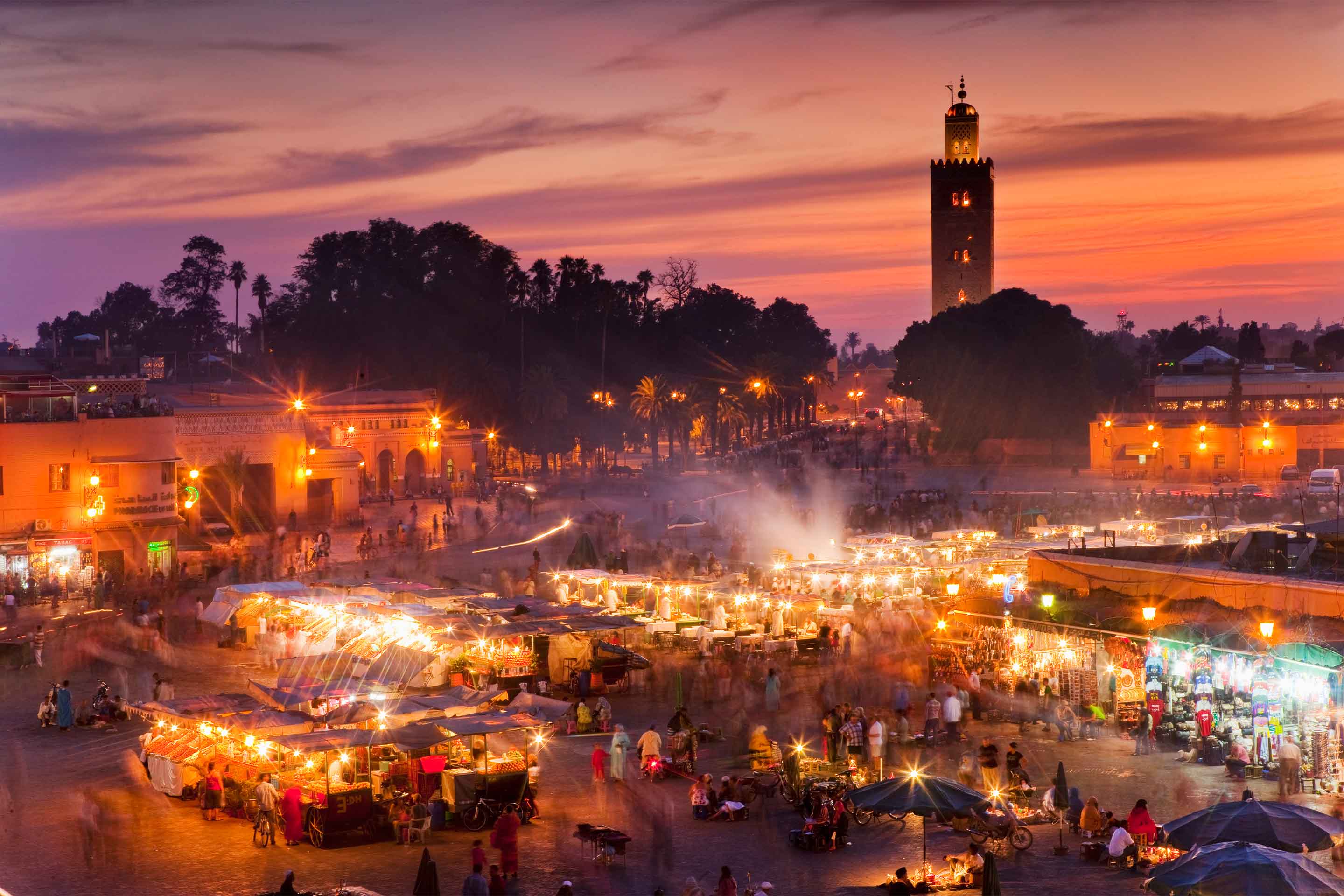 Night markets at sunset in Marrakech