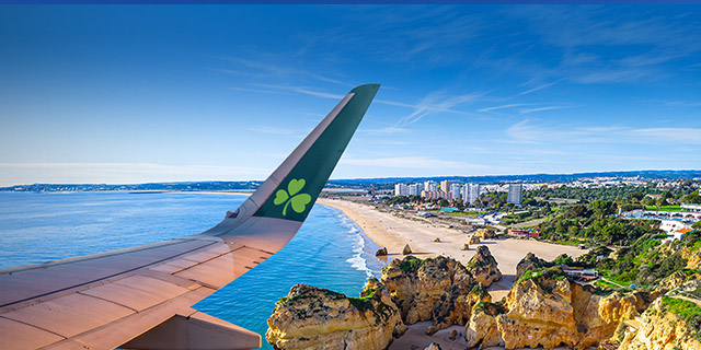 View from Aer Lingus plane climbing out over Algarve coast