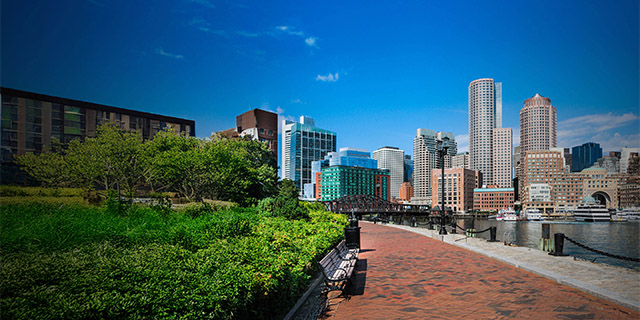 Boston Harborwalk with views of downtown Boston and the Charles River