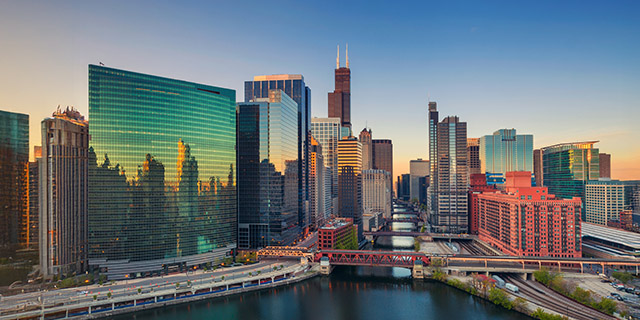 View of Chicago skyline at dawn