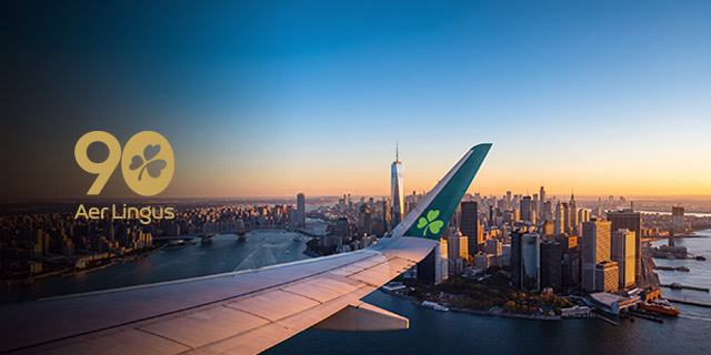 View of Manhattan skyline looking out from an Aer Lingus plane